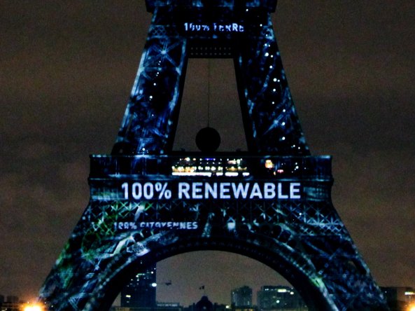 The Eiffel Tower is lit up like a tree in honor of the climate talks.